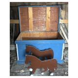 LARGE WOODEN CHEST AND HORSE CUTOUTS