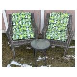 (2) PLASTIC WOVEN PATIO CHAIRS & GLASS TOP TABLE