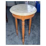 ANTIQUE ROUND MARBLE TOP WOOD SIDE TABLE, 30"T