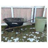 METAL WHEELBARROW, TRASH CAN