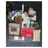 GROUP OF CURTAINS, THROW BLANKETS, TABLECLOTHS