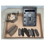 ANTIQUE CAST IRON MAILBOX, SAD IRON, DRAWER PULLS