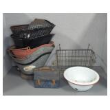 COAL SCUTTLES, WIRE BASKET, ENAMEL POT