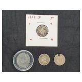 (2) 3-CENT PIECES, SHIELD NICKEL, 1912-D DIME