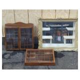 WOODEN WALL DISPLAY CASES AND MIRROR WITH SHELVES