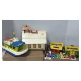 VINTAGE FISHER PRICE TOYS - SCHOOL, BOAT, TRAIN