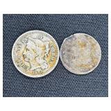 1832 SILVER BUST 5 CENT; 1865 3 CENT PIECE