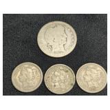 1896-O BARBER QUARTER & (3) 3-CENT NICKELS