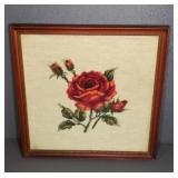 FRAMED NEEDLEPOINT ROSE, 13"X13"
