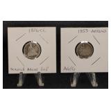 (2) SEATED DIMES - 1876-CC & 1853-ARROWS