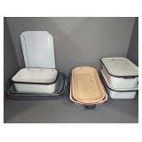 ENAMELWARE - CAKE PANS, LARGER PANS W/ LIDS