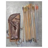VINTAGE WOODEN ARROWS IN LEATHER CASE