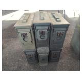 6 METAL AMMO CANS, 4" X 11" X 7"