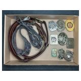 (9) BELT BUCKLES, (2) BELTS, SUSPENDERS