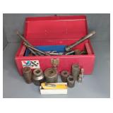 ASSORTMENT OF SOCKETS AND EXTENSIONS AND LEVEL