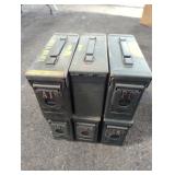 6 METAL AMMO CANS, 4" X 11" X 7"