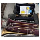 C. G. CONN BRASS TROMBONE, W/ CASE & BUNDY TRUMPET