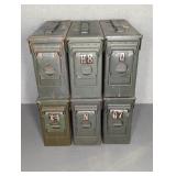 6 METAL AMMO CANS, 4" X 11" X 7"