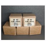 5 BOXES 5.56X 54 MM, BALL M1A3, 30 RNDS PER BOX