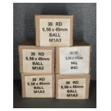 5 BOXES 5.56X 54 MM, BALL M1A3, 30 RNDS PER BOX