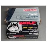2 BOXES 9MM LUGER, 115GR., WOLF, FEDERAL
