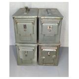 4 METAL AMMO CANS, 6" X 12" X 7"