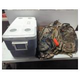 4 BACKPACKS, FISHING TACKLE BOX, COOLER, HATS