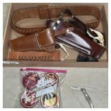 (2) S&W LEATHER GUN HOLSTERS, AMMO BELT, MORE