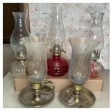 (3) OIL LAMPS, (2) BRASS CANDLE LAMPS, EXTRA SHADE