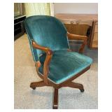 VINTAGE GREEN VELVET WOOD DESK CHAIR, SWIVEL BASE