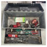 TOOL BOX W/ HAND TOOLS HOLE SAWS, DRILL BITS MISC