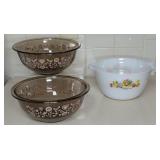(2) PYREX FESTIVE HARVEST TINTED MIXING BOWLS, +