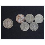 1935 BUFFALO NICKEL, (5) 1943 STEEL WHEAT PENNIES