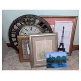 (8) DECORATIVE PRINTS, PAINTINGS, WALL CLOCK