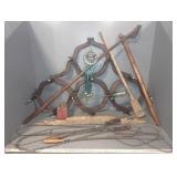 VINTAGE RUG BEATERS, COAT RACK, MASHER