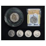 1881 MORGAN DOLLAR IN PLASTIC, 5 KENNEDY CLAD 1/2