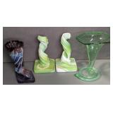 SLAG GLASS CANDLESTICKS AND BOOT