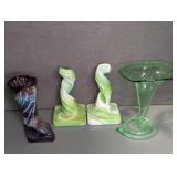 SLAG GLASS CANDLESTICKS AND BOOT