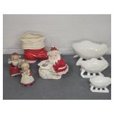MILK GLASS SLEIGHS AND CERAMIC SANTAS