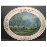 ANTIQUE OVAL WOODEN FRAMED COW PICTURE