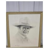 Framed John Wayne 1988 Portrait Drawing by Gary Jo