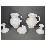Milk Glass Hobnail Pitchers and Swan Dish Set Nest