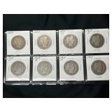 8 Barber Half Dollars Various Years and Mints