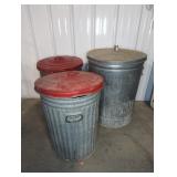 Three Galvanized Metal Trash Cans