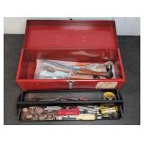 Red Metal Tool Box with Assorted Tools
