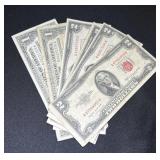 Four 1950ï¿½s Red Seal $2 Notes and Two $1 Silver Ce