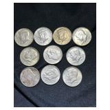 Ten 1968 Kennedy 40% Silver Half Dollars