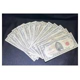 Thirteen 1950s-1960s $5 Red Seal US Notes