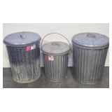 Three Galvanized Steel Trash Cans