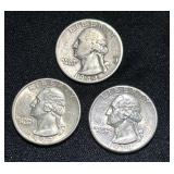 Three Washington Silver Quarters (1938, 1943, 1944